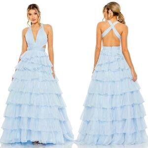 NEW NWT Mac Duggal Chiffon Layered Tiered Cutout Ballgown In Powder Blue